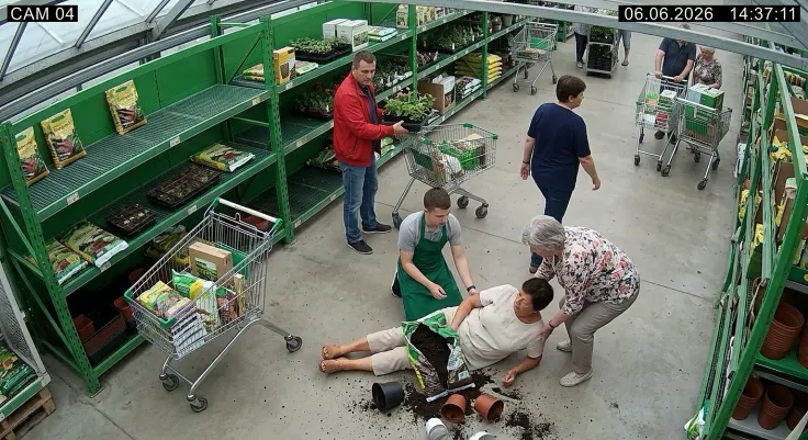 Paní Jitka po pádu u oddělení se zahradní zeminou – lidé jí pomáhají vstát