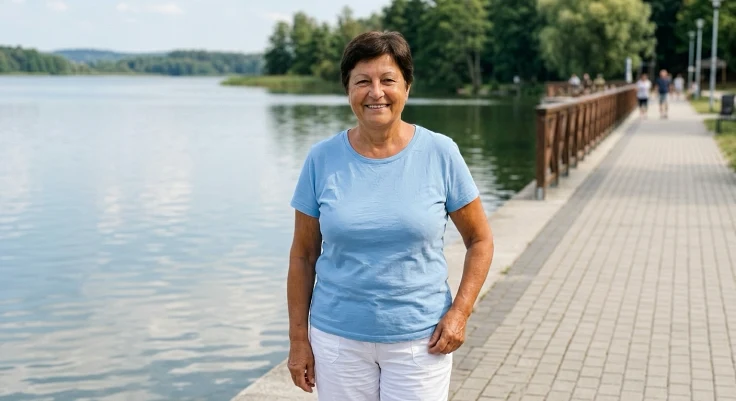 Jitka na promenádě u přehrady – šťastná, zase na nohou