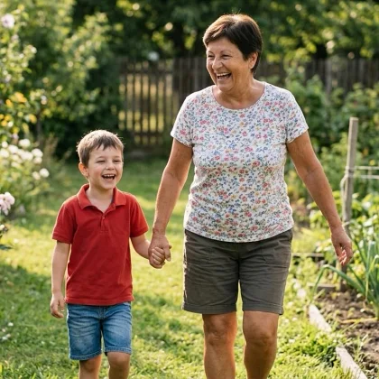 Jitka s vnoučkem na zahrádce – radostný, jistý krok, zase plný život