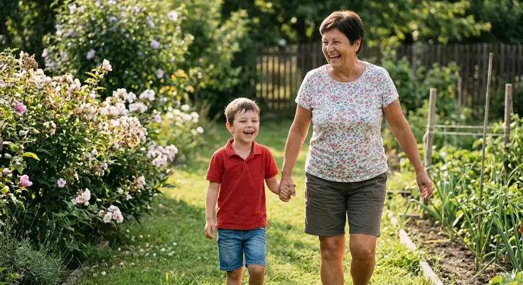 Jitka s vnoučkem na zahrádce – radostný, jistý krok, zase plný život